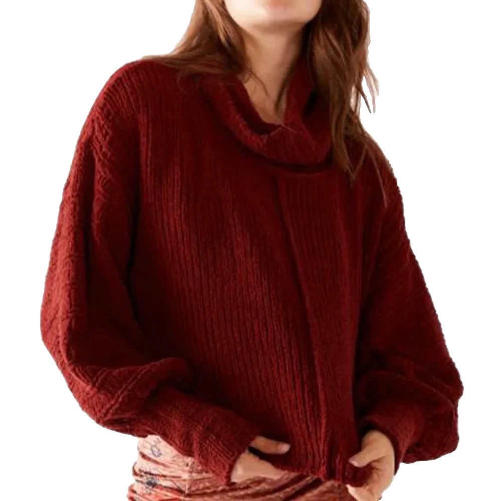 Free People Women's XS Sweater Be Yours Boxy Crop Cowl Turtleneck Red Chunky